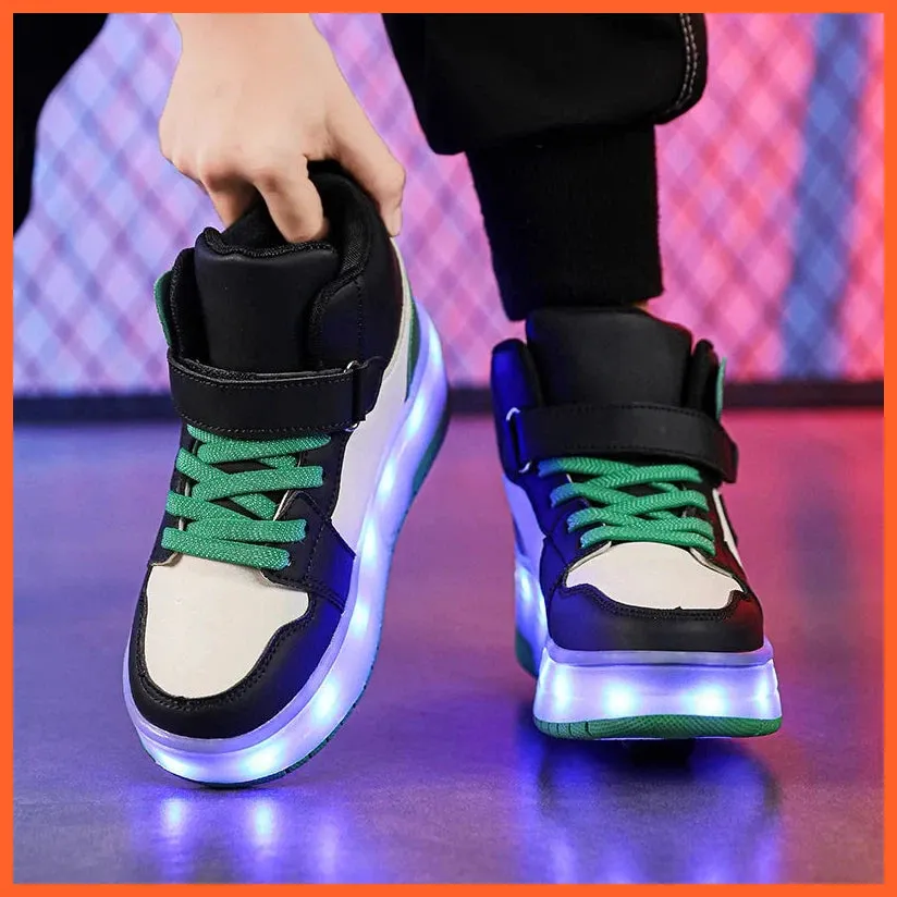 High Top Double Wheels Up And Down Light Up Light Roller Shoes For Boys And Girls