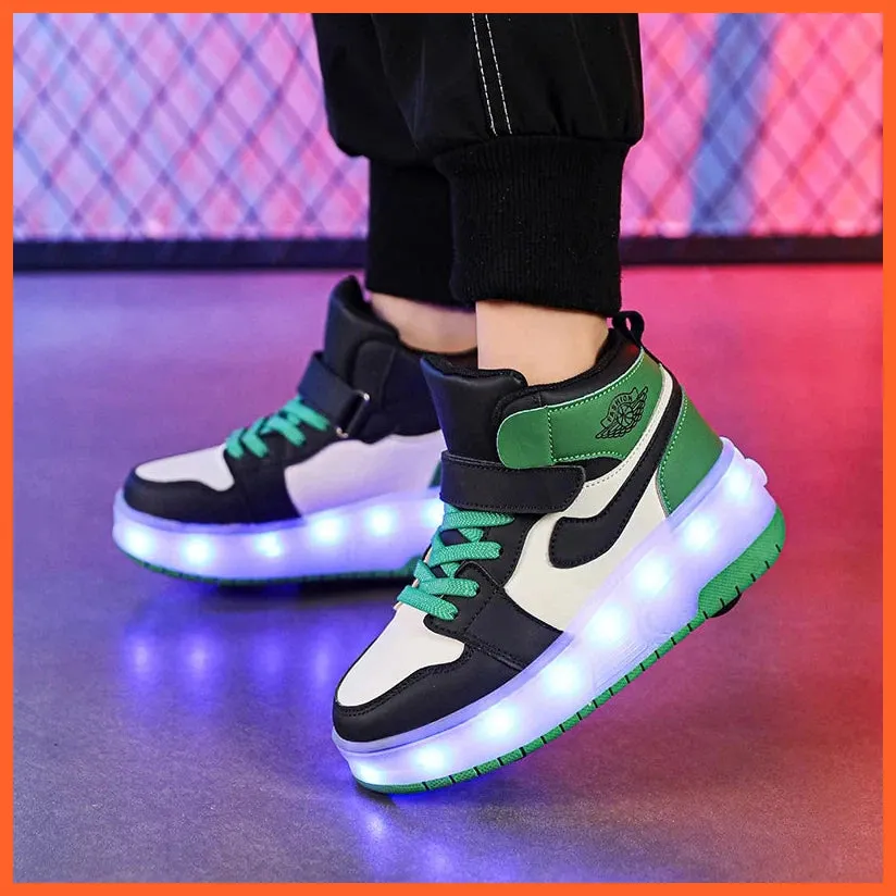 High Top Double Wheels Up And Down Light Up Light Roller Shoes For Boys And Girls