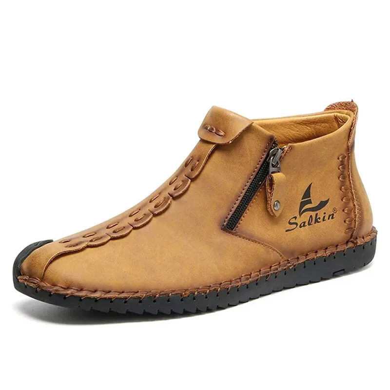 Hnzxzm Hand-stitching Leather Shoes Men Casual Sneakers Slip On Loafers Men Zip Soft Leather Men Shoes Hot Sale Zapatillas Hombre