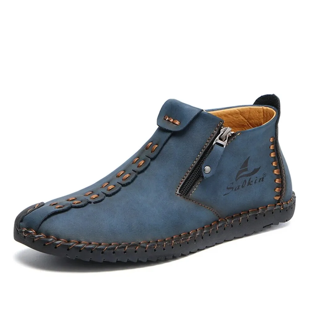 Hnzxzm Hand-stitching Leather Shoes Men Casual Sneakers Slip On Loafers Men Zip Soft Leather Men Shoes Hot Sale Zapatillas Hombre