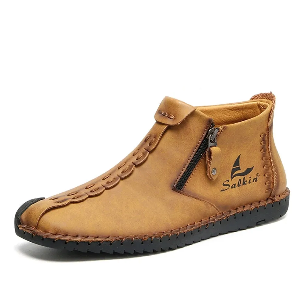 Hnzxzm Hand-stitching Leather Shoes Men Casual Sneakers Slip On Loafers Men Zip Soft Leather Men Shoes Hot Sale Zapatillas Hombre