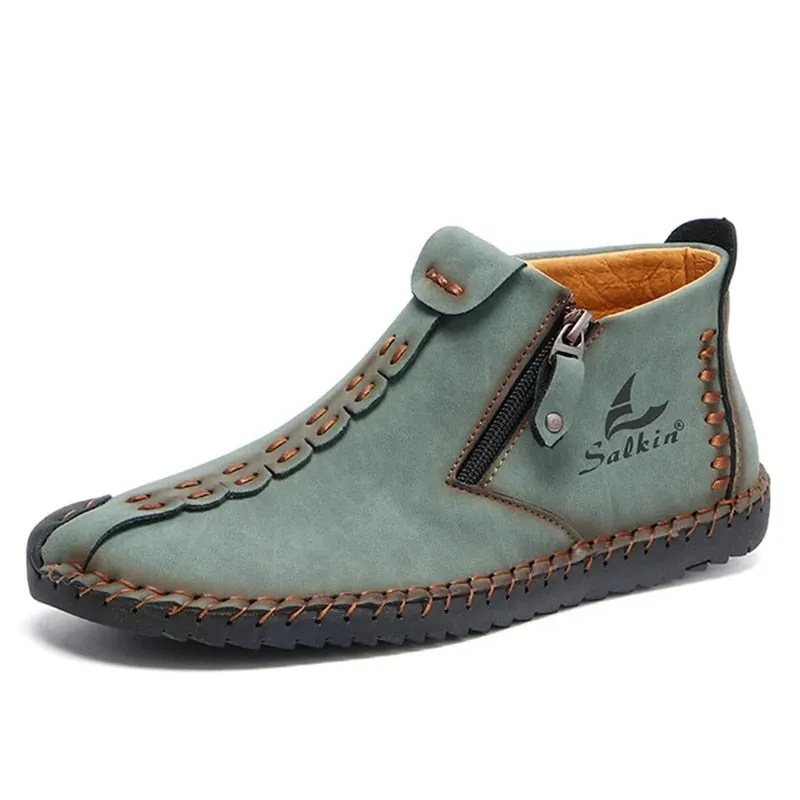 Hnzxzm Hand-stitching Leather Shoes Men Casual Sneakers Slip On Loafers Men Zip Soft Leather Men Shoes Hot Sale Zapatillas Hombre
