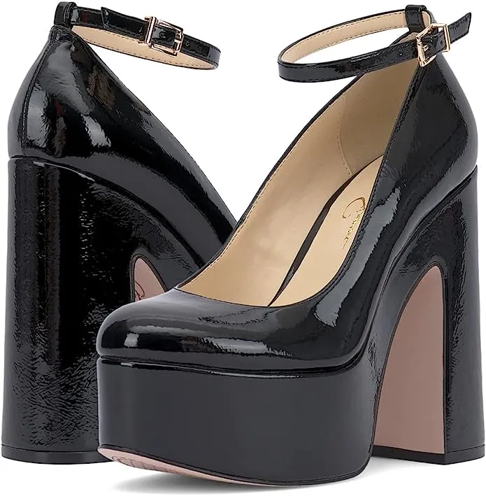 Jessica Simpson Macee Black Buckle Ankle Strap Block Chunky High Heel Pump Shoes