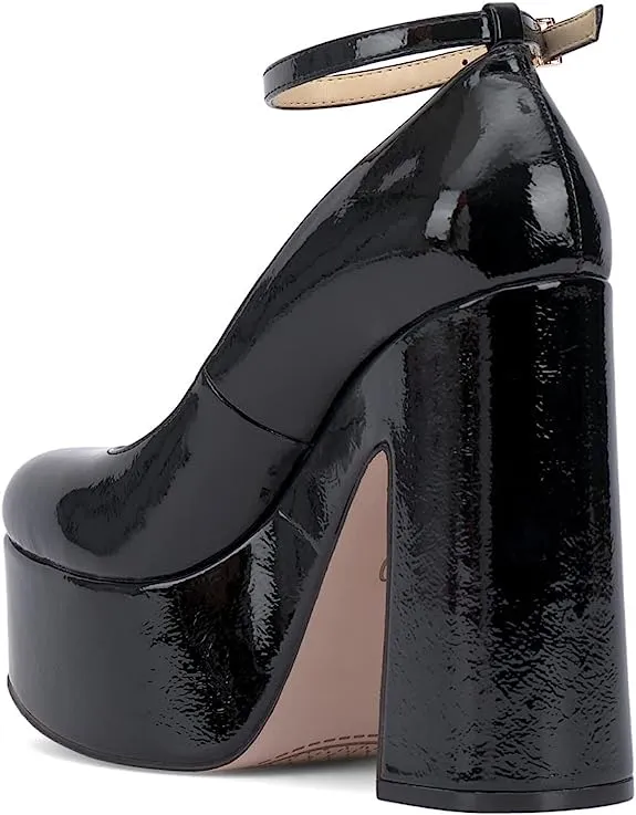 Jessica Simpson Macee Black Buckle Ankle Strap Block Chunky High Heel Pump Shoes