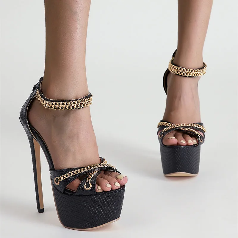 Joskaa  Women Sandals High Heels Metal Chain Buckle Platform Heeled Party Shoes Big Size 42 New Fashion   Sandalias