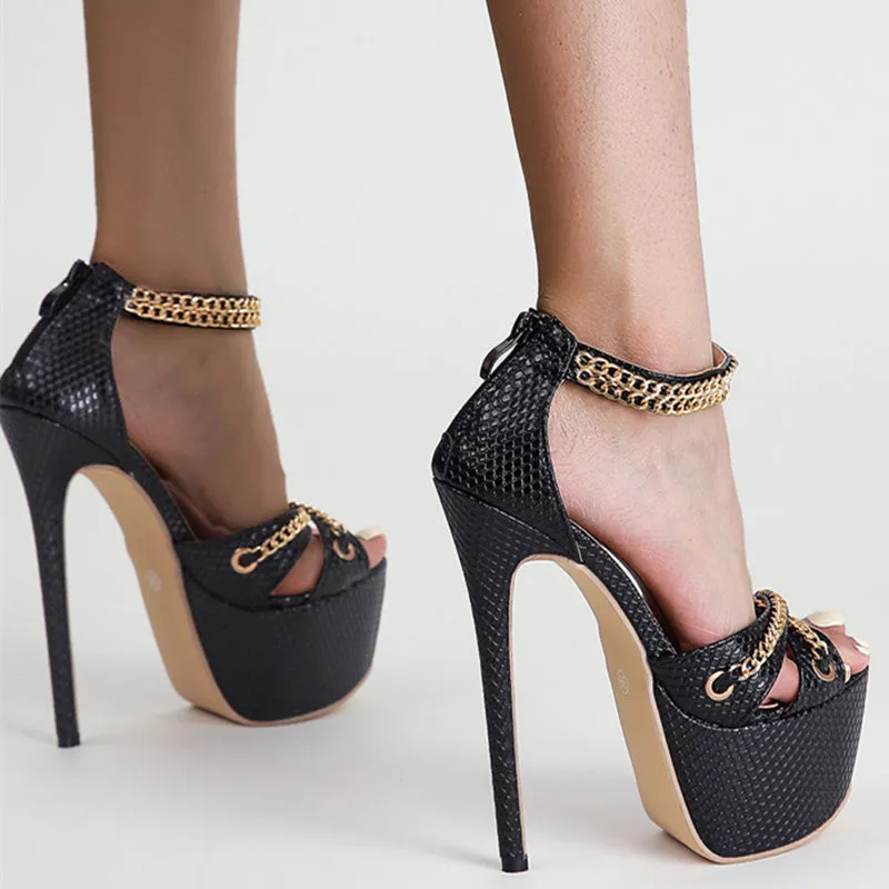 Joskaa  Women Sandals High Heels Metal Chain Buckle Platform Heeled Party Shoes Big Size 42 New Fashion   Sandalias