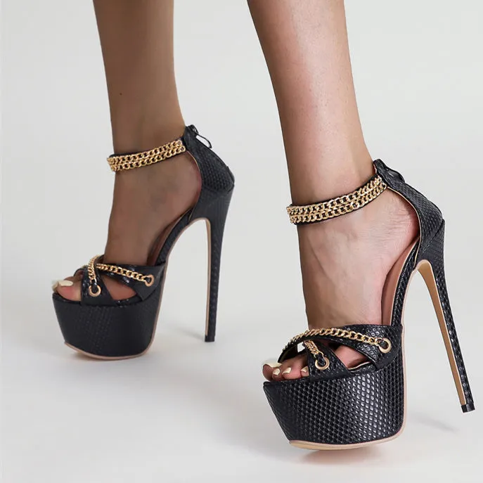 Joskaa  Women Sandals High Heels Metal Chain Buckle Platform Heeled Party Shoes Big Size 42 New Fashion   Sandalias