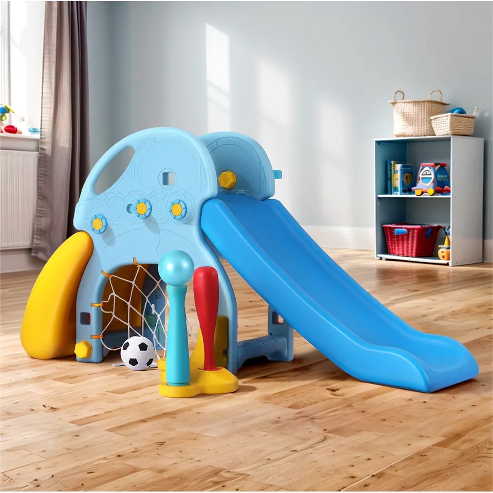 Kids Slide Set Baseball Bat Basketball Hoop Outdoor Playground 120cm - Blue