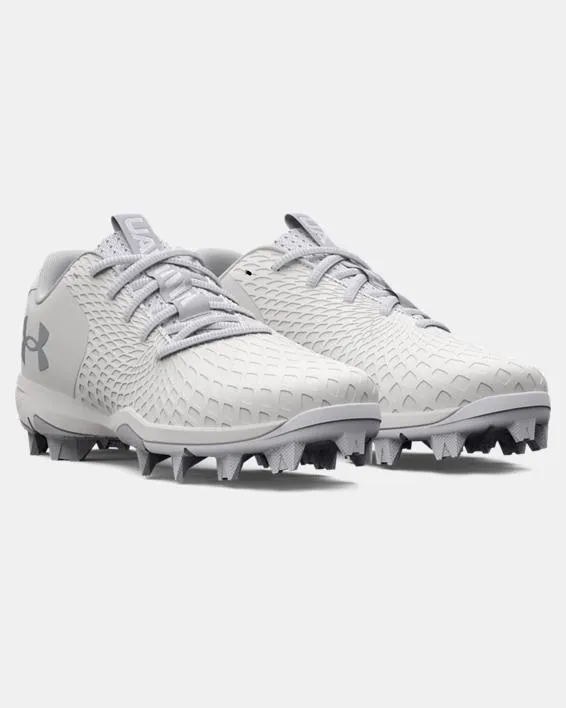 Kids' UA Glyde 2 RM Jr. Softball Cleat - White/Metallic Silver
