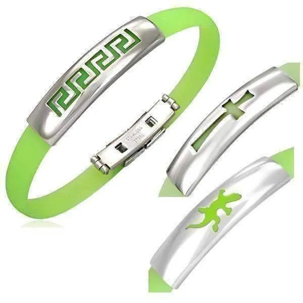Lime Green Silicone Bracelet with Stainless Steel Cut Out Designs ~ Choose Your Design