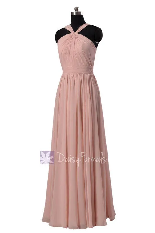 Long Chiffon Bridesmaid Dress Linen Bridal Party Dress W/Straps(BM5195L)