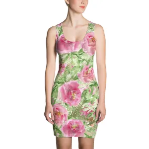 Misty Pink Rose Dress, Floral Print Long Sleeveless Designer Women's Dress - Made in USA/ Europe