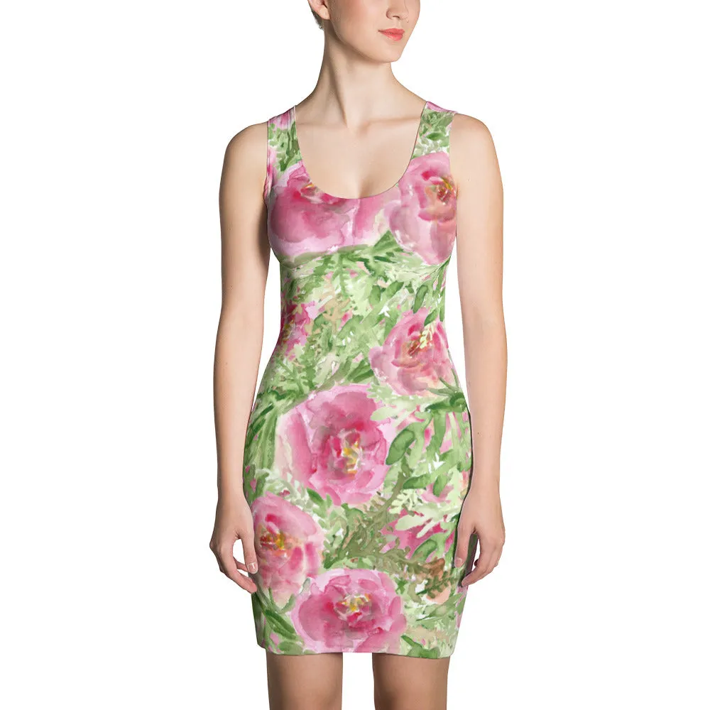 Misty Pink Rose Dress, Floral Print Long Sleeveless Designer Women's Dress - Made in USA/ Europe