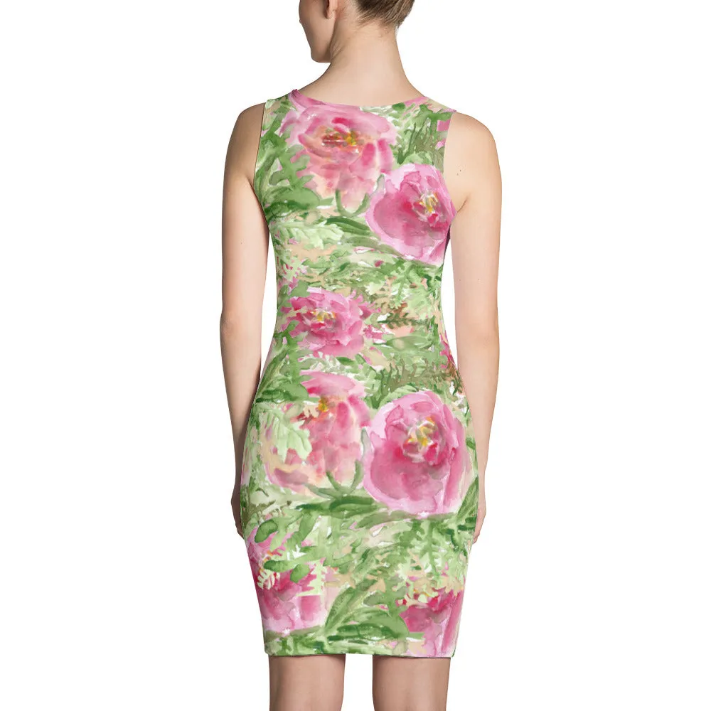 Misty Pink Rose Dress, Floral Print Long Sleeveless Designer Women's Dress - Made in USA/ Europe