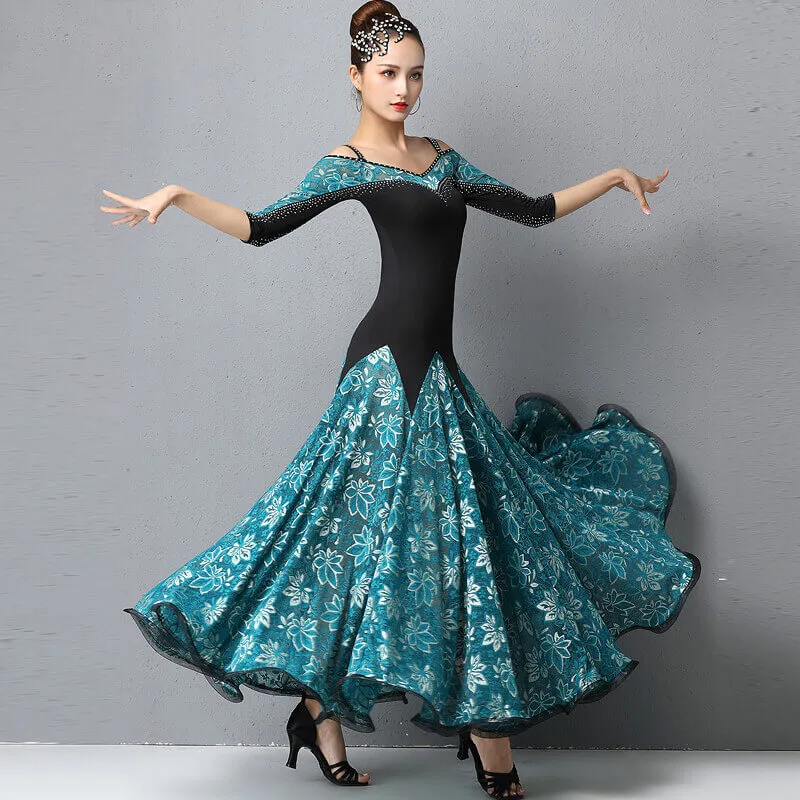 Off Shoulder Half Sleeve Ballroom Dress with Flowers