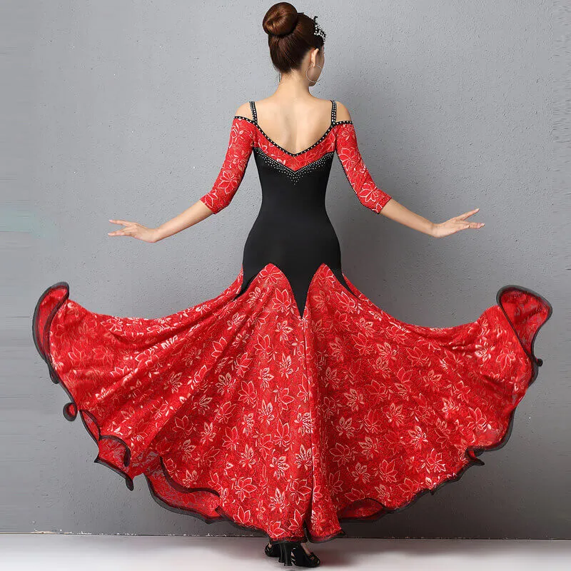 Off Shoulder Half Sleeve Ballroom Dress with Flowers