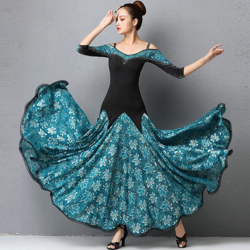 Off Shoulder Half Sleeve Ballroom Dress with Flowers