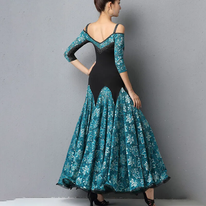 Off Shoulder Half Sleeve Ballroom Dress with Flowers