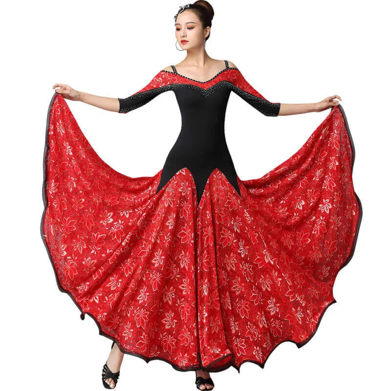 Off Shoulder Half Sleeve Ballroom Dress with Flowers