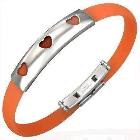 Orange Band Silicone Bracelet with Stainless Steel Cut Out Designs ~ Choose Your Design