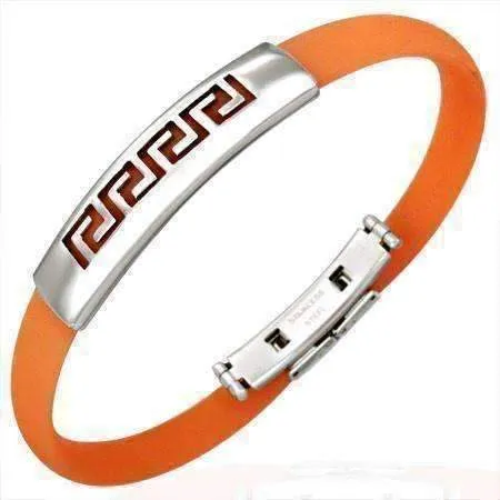 Orange Band Silicone Bracelet with Stainless Steel Cut Out Designs ~ Choose Your Design