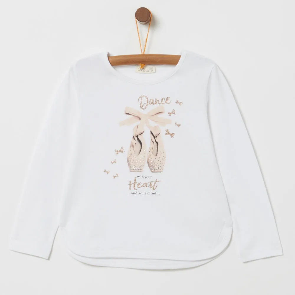 OVS Dance Shoes Glitter White Girls Premium Cotton Tshirt