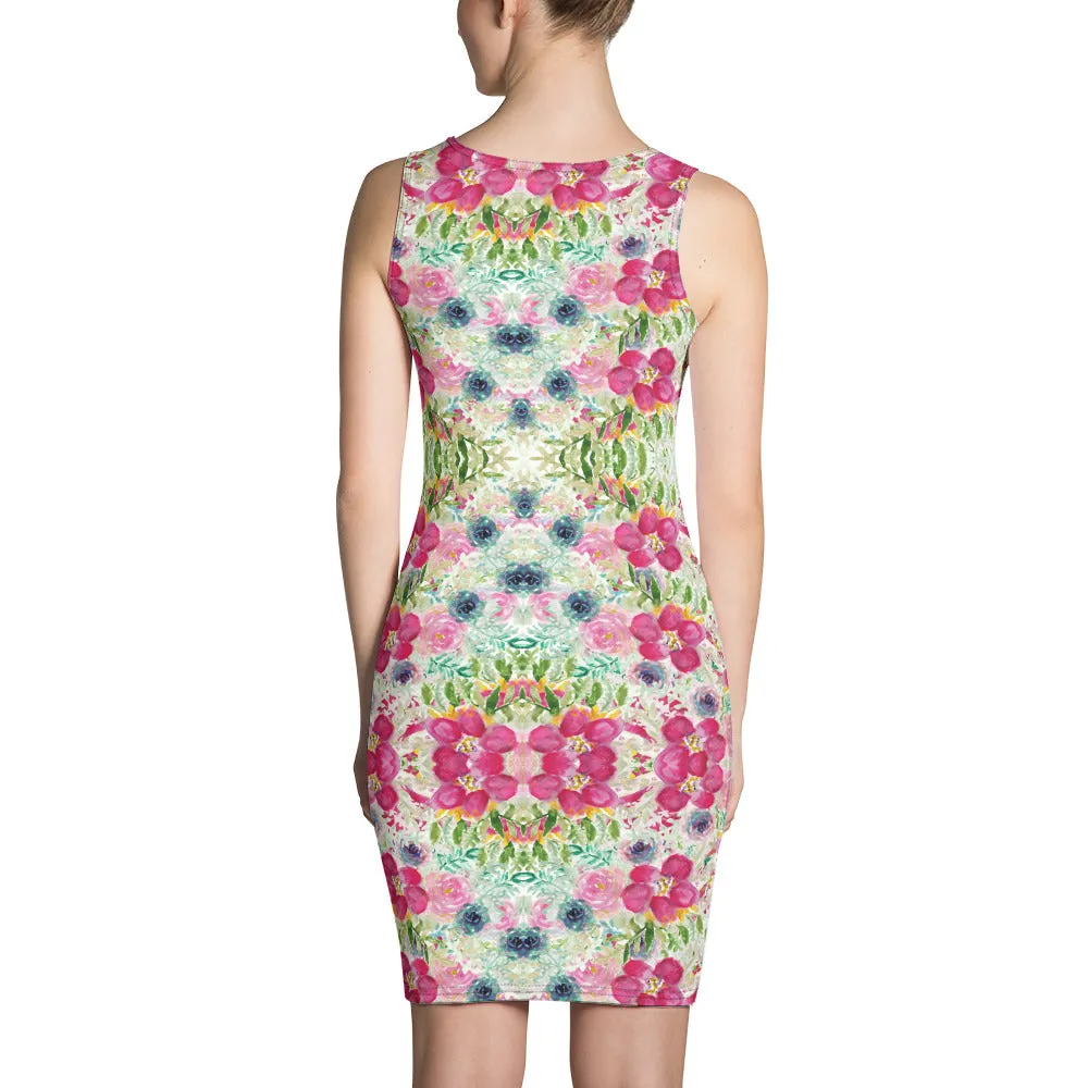 Pink Mixed Floral Print Dress, Women's Long Best Designer Sleeveless Dress-Made in USA/EU