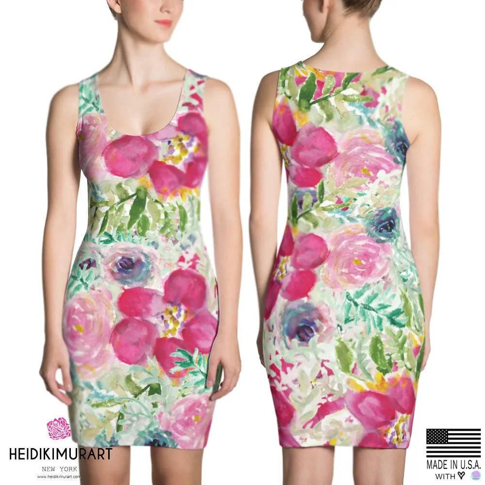 Pink Rose Floral Print Dress, Best Floral Print Designer Long Sleeveless Premium Women's Dress -Made in USA/EU