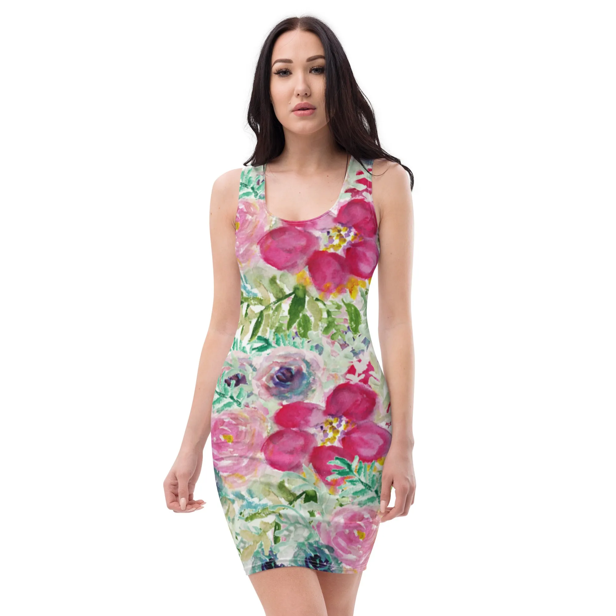 Pink Rose Floral Print Dress, Best Floral Print Designer Long Sleeveless Premium Women's Dress -Made in USA/EU