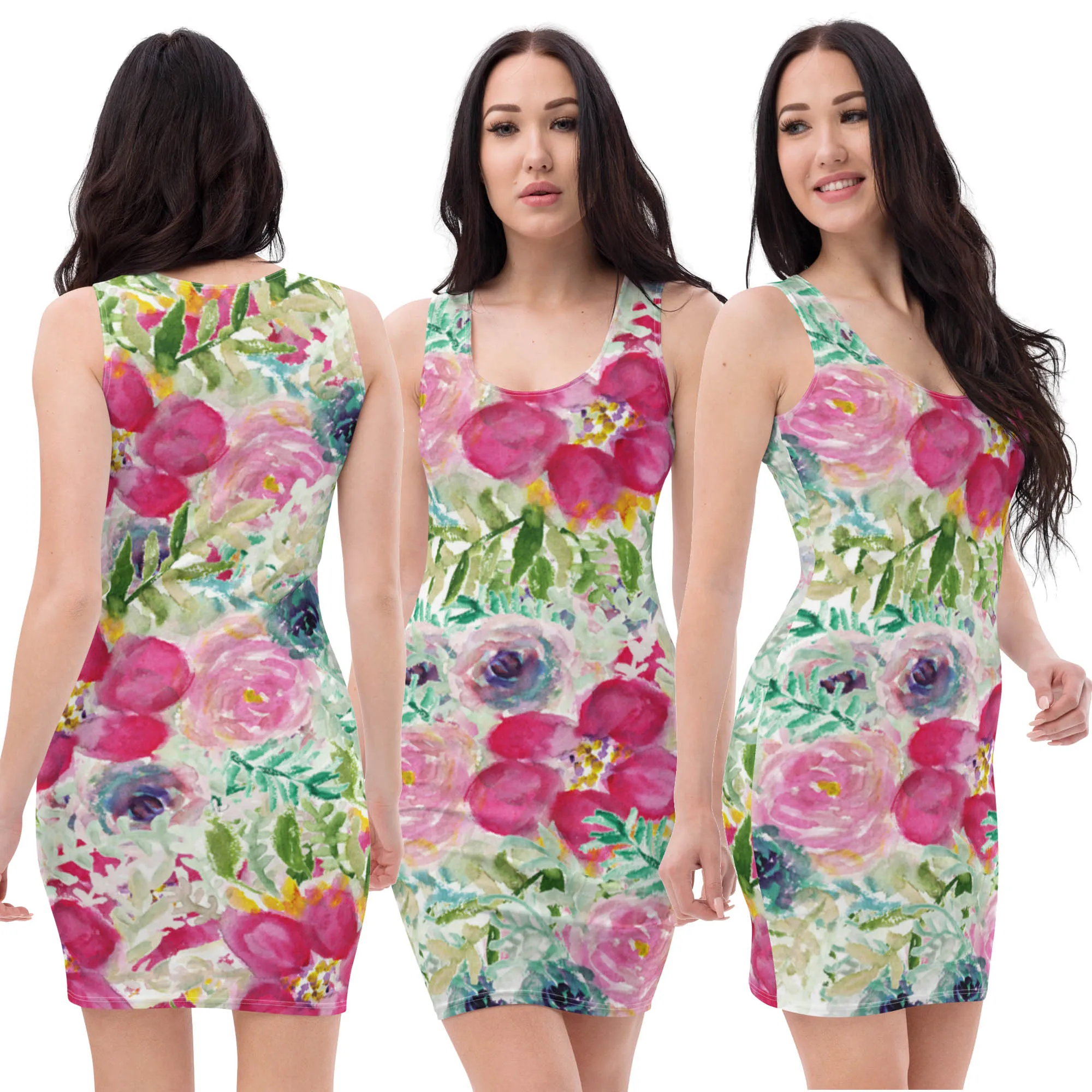 Pink Rose Floral Print Dress, Best Floral Print Designer Long Sleeveless Premium Women's Dress -Made in USA/EU