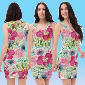Pink Rose Floral Print Dress, Best Floral Print Designer Long Sleeveless Premium Women's Dress -Made in USA/EU