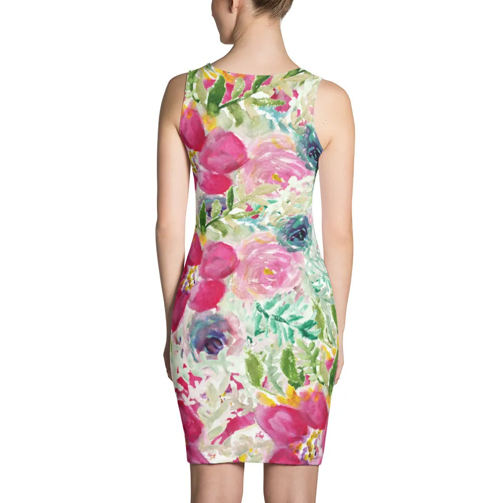Pink Rose Floral Print Dress, Best Floral Print Designer Long Sleeveless Premium Women's Dress -Made in USA/EU