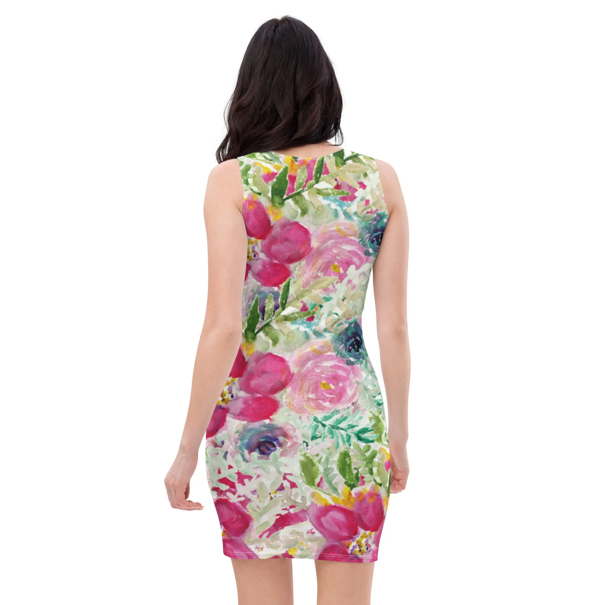 Pink Rose Floral Print Dress, Best Floral Print Designer Long Sleeveless Premium Women's Dress -Made in USA/EU