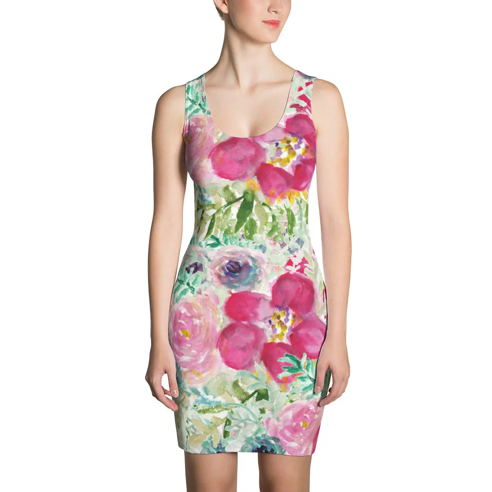 Pink Rose Floral Print Dress, Best Floral Print Designer Long Sleeveless Premium Women's Dress -Made in USA/EU
