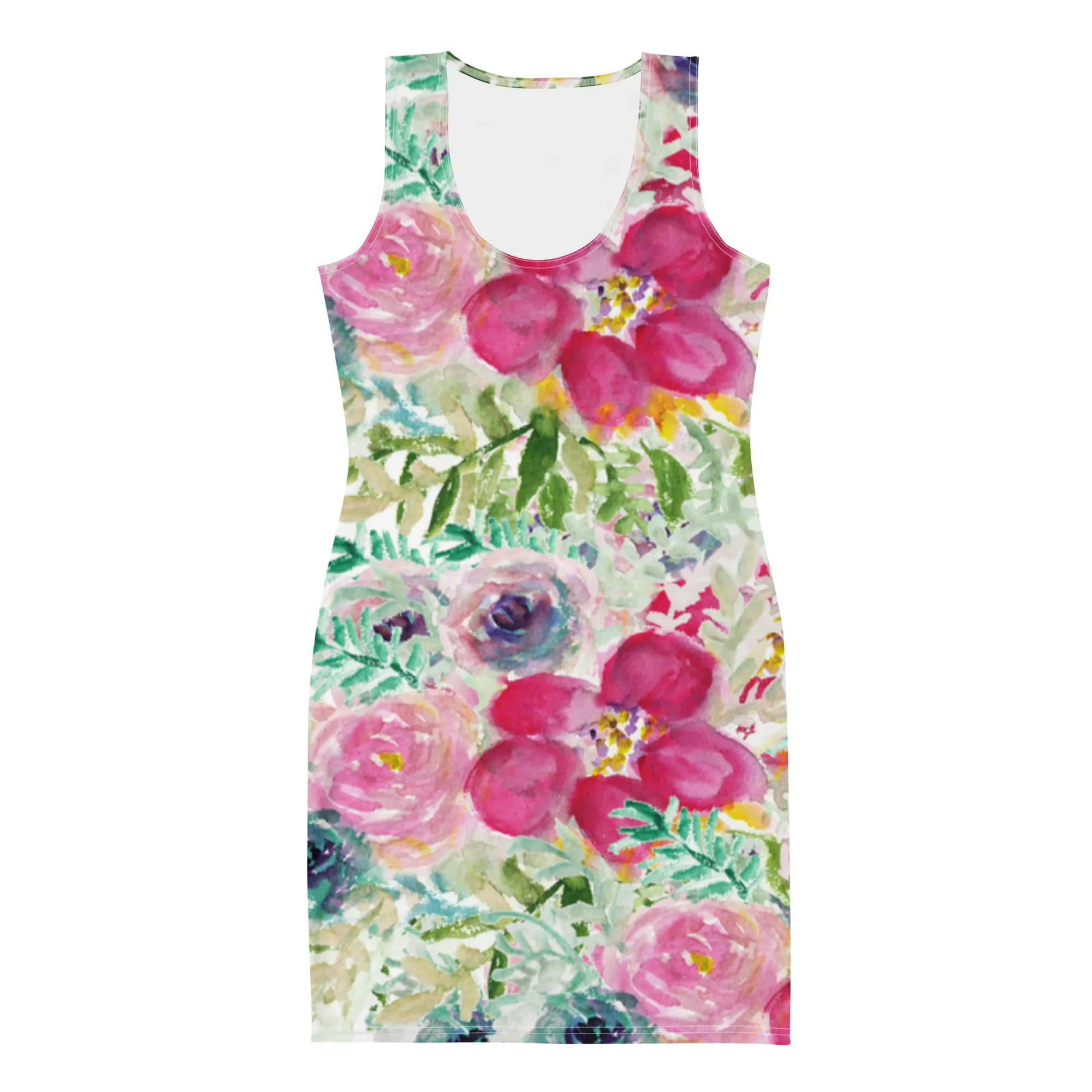 Pink Rose Floral Print Dress, Best Floral Print Designer Long Sleeveless Premium Women's Dress -Made in USA/EU