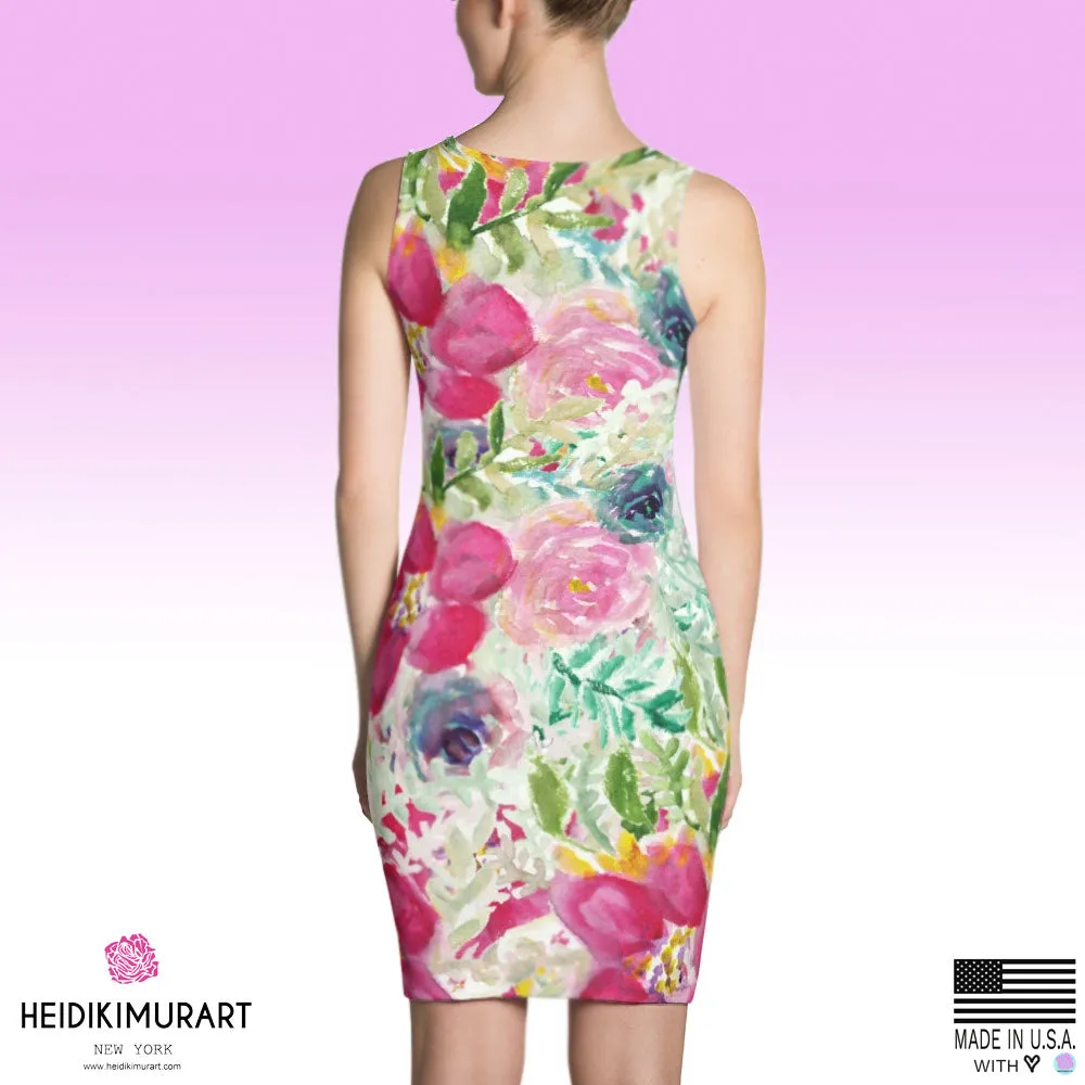 Pink Rose Floral Print Dress, Best Floral Print Designer Long Sleeveless Premium Women's Dress -Made in USA/EU