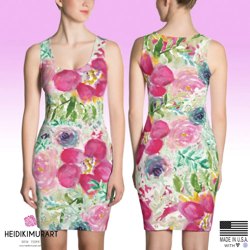 Pink Rose Floral Print Dress, Best Floral Print Designer Long Sleeveless Premium Women's Dress -Made in USA/EU