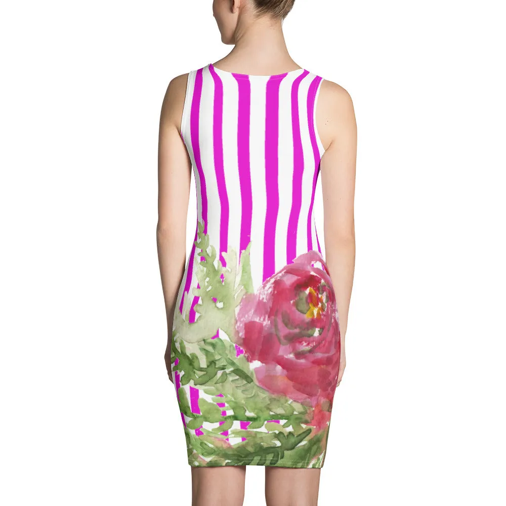 Pink Rose Striped Sleeveless Dress, Best Floral Designer Women's Fitted Dress - Made in USA/EU/MX