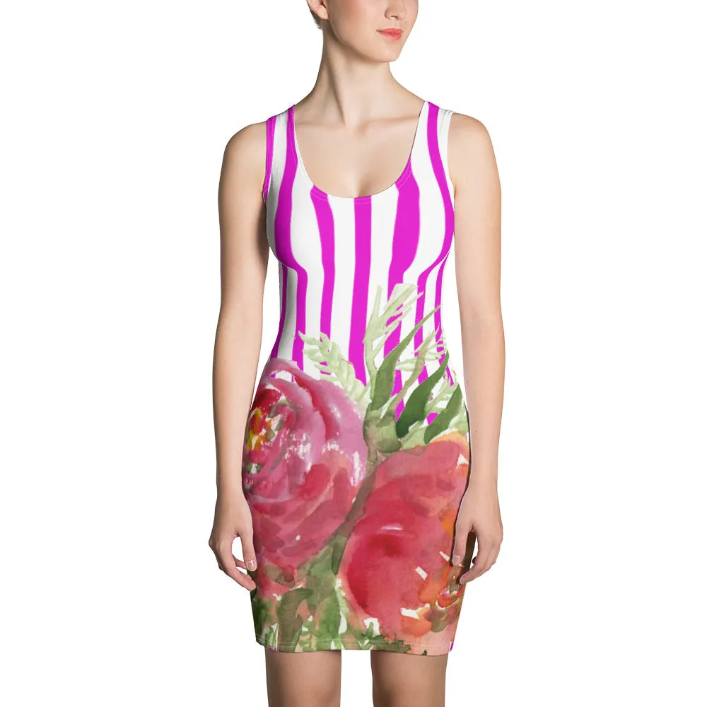 Pink Rose Striped Sleeveless Dress, Best Floral Designer Women's Fitted Dress - Made in USA/EU/MX