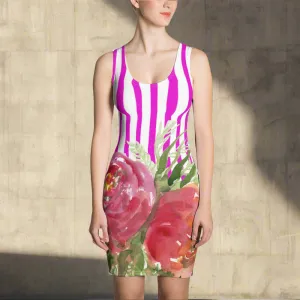 Pink Rose Striped Sleeveless Dress, Best Floral Designer Women's Fitted Dress - Made in USA/EU/MX