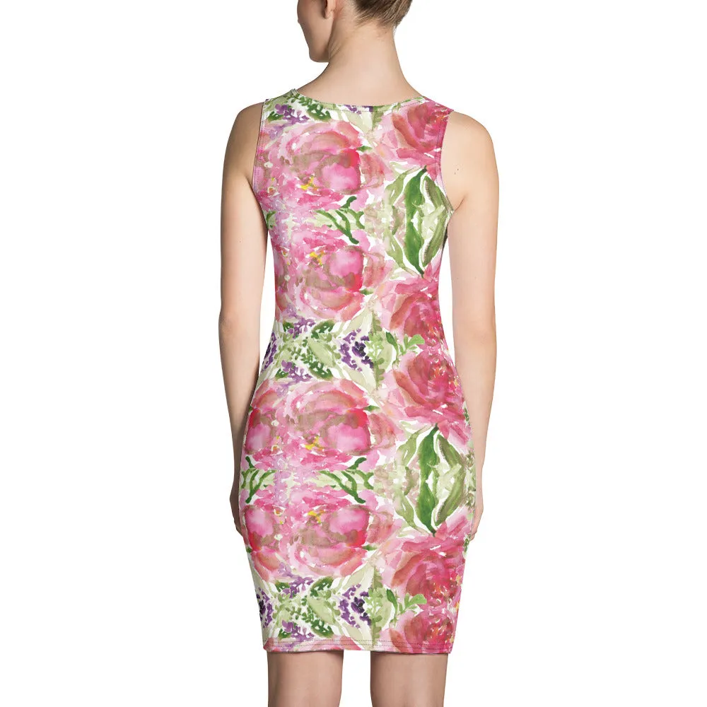 Pink Roses Classic Women's Dress, Rose Flower Floral 1-piece Designer Dress-Made in USA/EU