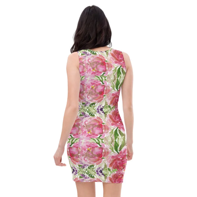 Pink Roses Classic Women's Dress, Rose Flower Floral 1-piece Designer Dress-Made in USA/EU