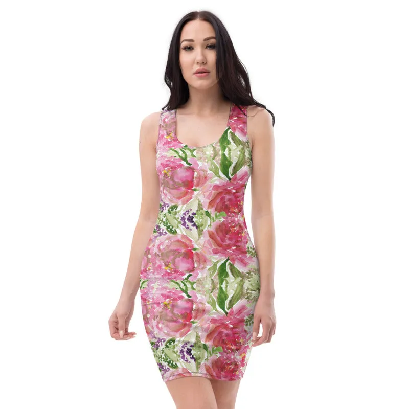 Pink Roses Classic Women's Dress, Rose Flower Floral 1-piece Designer Dress-Made in USA/EU