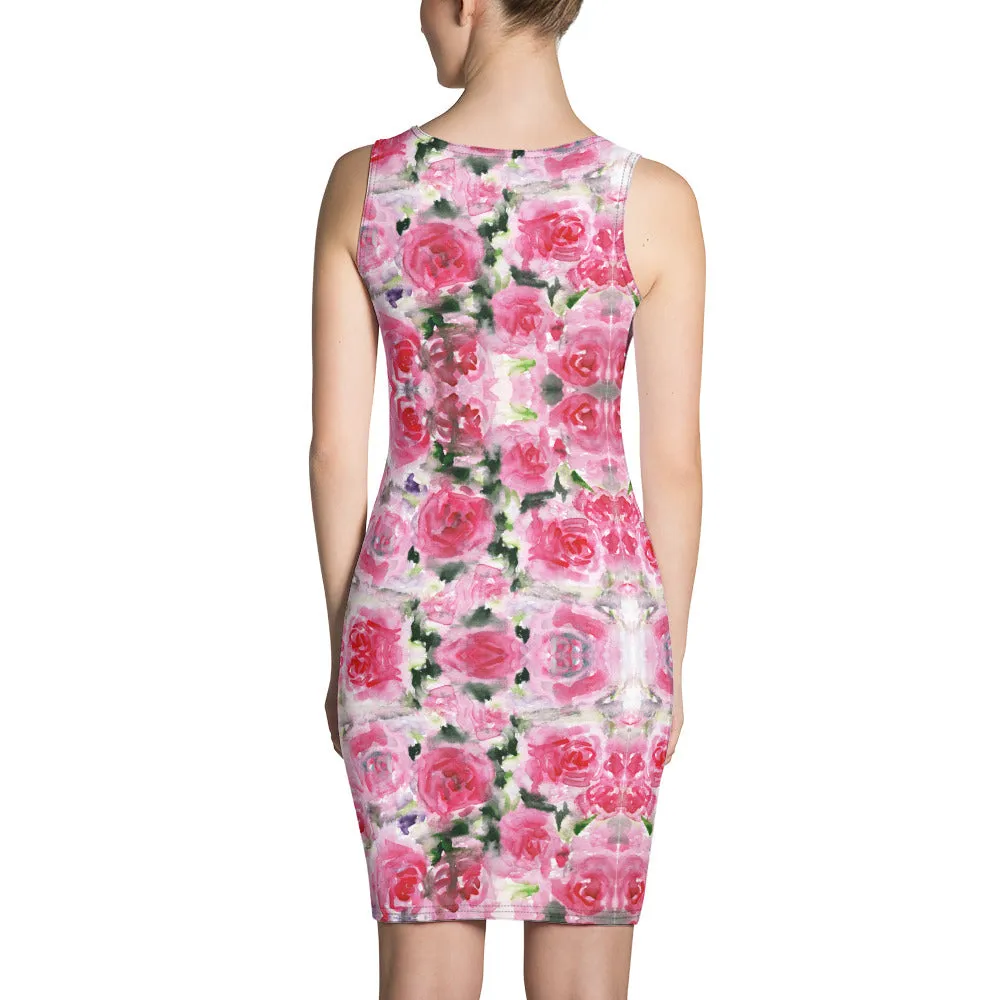 Pink Roses Floral Print Dress, Best Rose Flower Designer Sleeveless Dress-Made in USA/EU