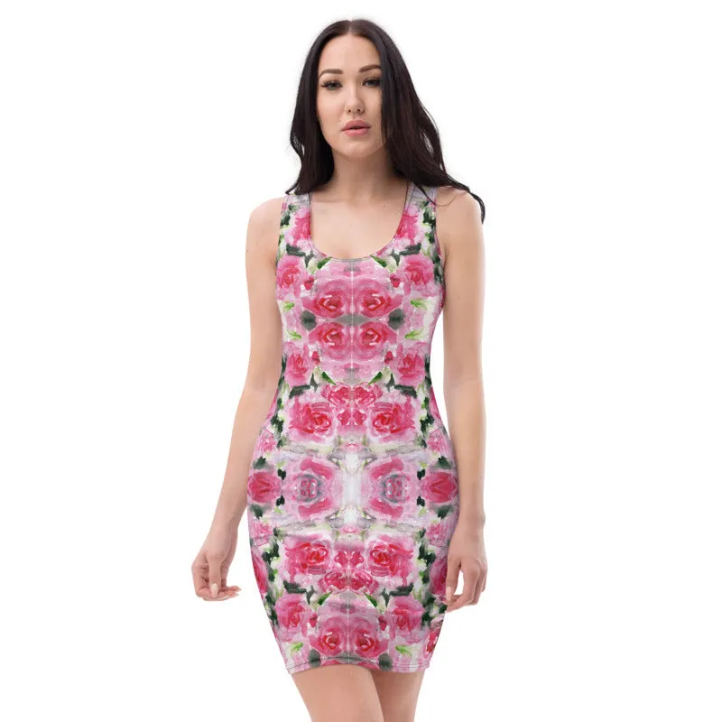 Pink Roses Floral Print Dress, Best Rose Flower Designer Sleeveless Dress-Made in USA/EU