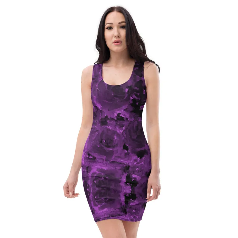 Purple Abstract Floral Dress, Rose Flower Designer Sleeveless Long Dress-Made in USA/MX/EU