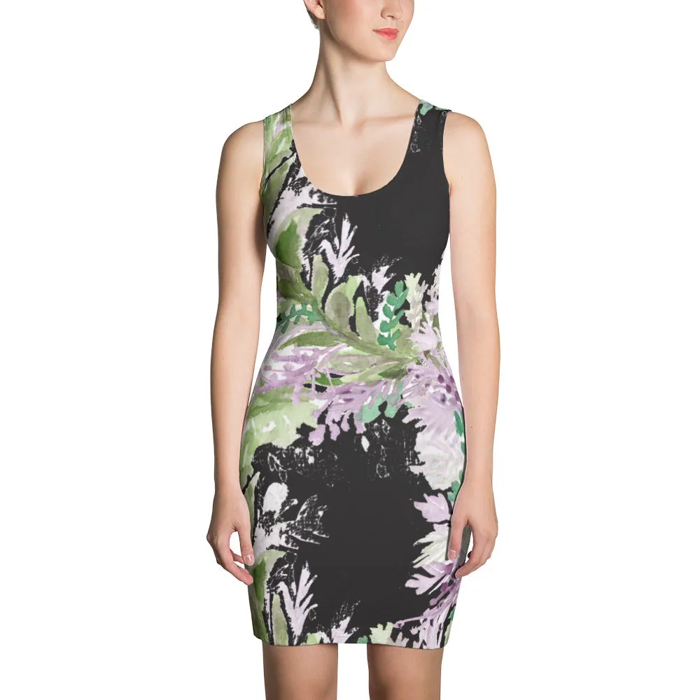 Purple Lavender Floral Print Dress, Women's Sleeveless Long Premium Designer Dress - Made in USA