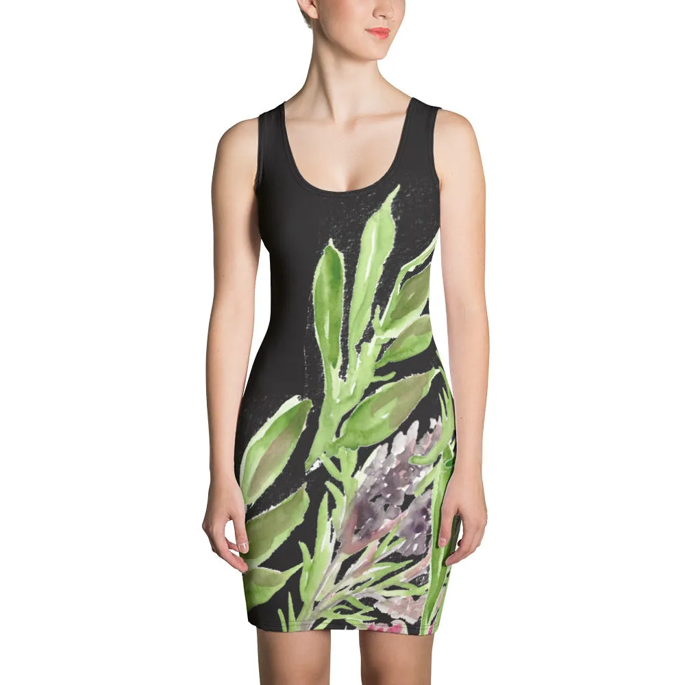 Purple Lavender Print Sleeveless Dress, Best French Lavender Floral Printed Designer Women's Fitted Dress - Made in USA/EU/MX