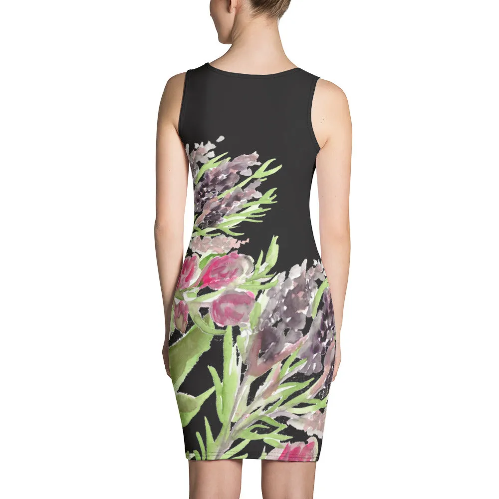 Purple Lavender Print Sleeveless Dress, Best French Lavender Floral Printed Designer Women's Fitted Dress - Made in USA/EU/MX