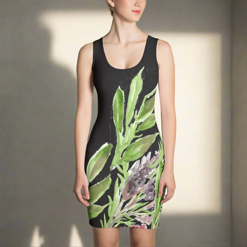 Purple Lavender Print Sleeveless Dress, Best French Lavender Floral Printed Designer Women's Fitted Dress - Made in USA/EU/MX